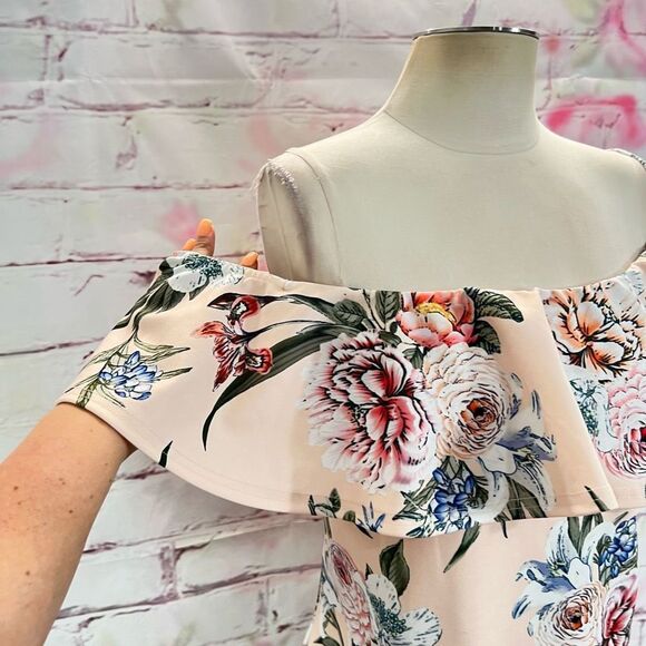 🔥5 for $25 sale🔥Boohoo Plus Off The Shoulder Floral Flounce Dress Pink Size 16 - Picture 2 of 8